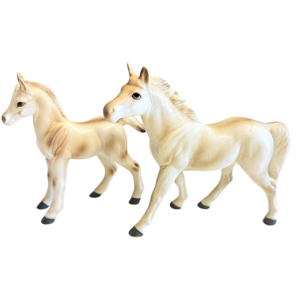 Vintage Japan Mare and Foal Set Ceramic Horses Satin Glaze MCM Stamped